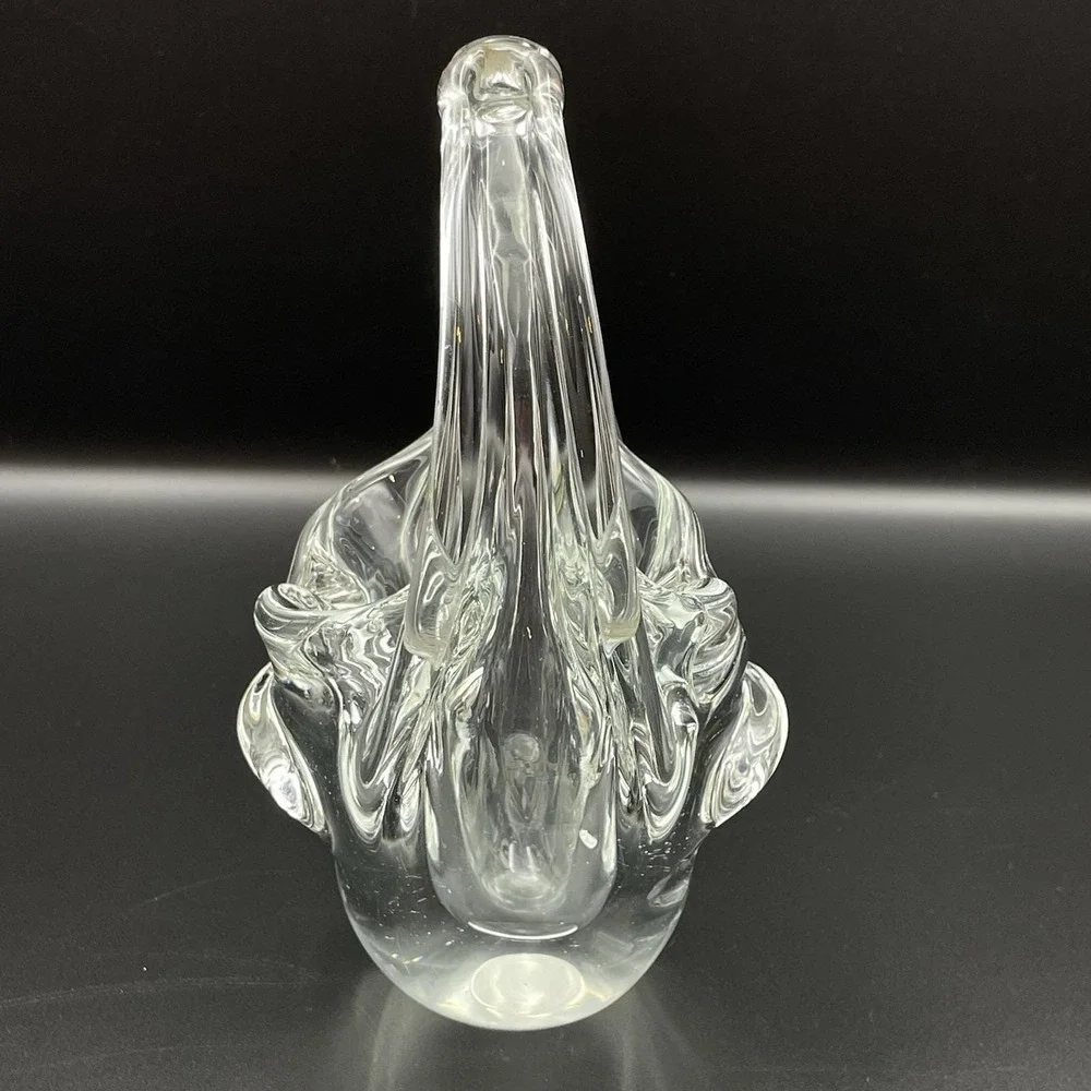 Vintage Hand Blown Art Glass Basket Clear Split Handle Basket Vase‎